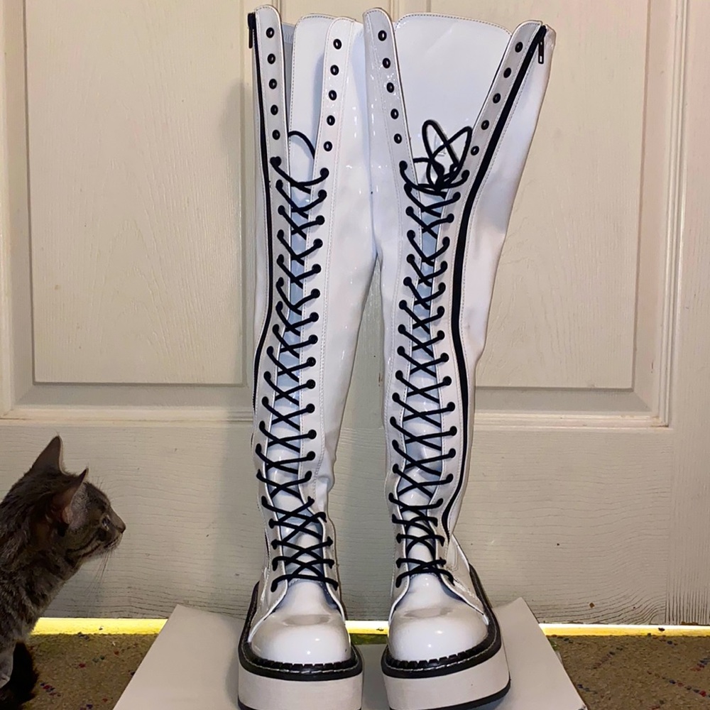 Emily-375 Demonias Over the Knee White and Black